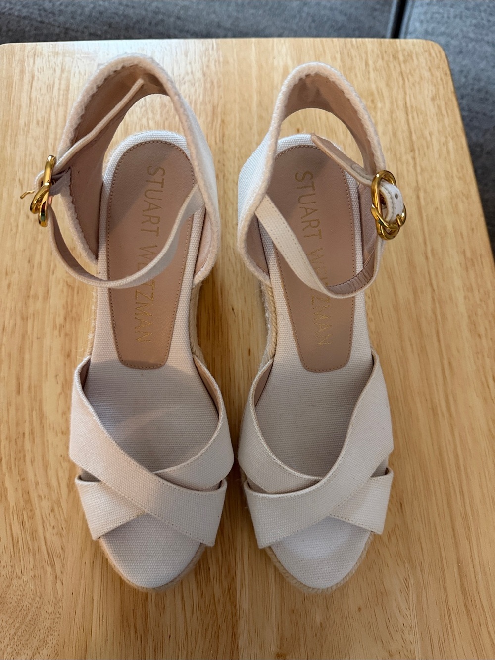 Stuart Weitzman Neutral Linen Crisscross Ankle Strap Wedges